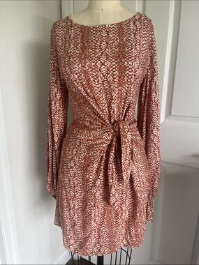 Skylar + Madison Rust and Ivory Long Sleeve Tie-Front Dress Boho Puff Sleeve